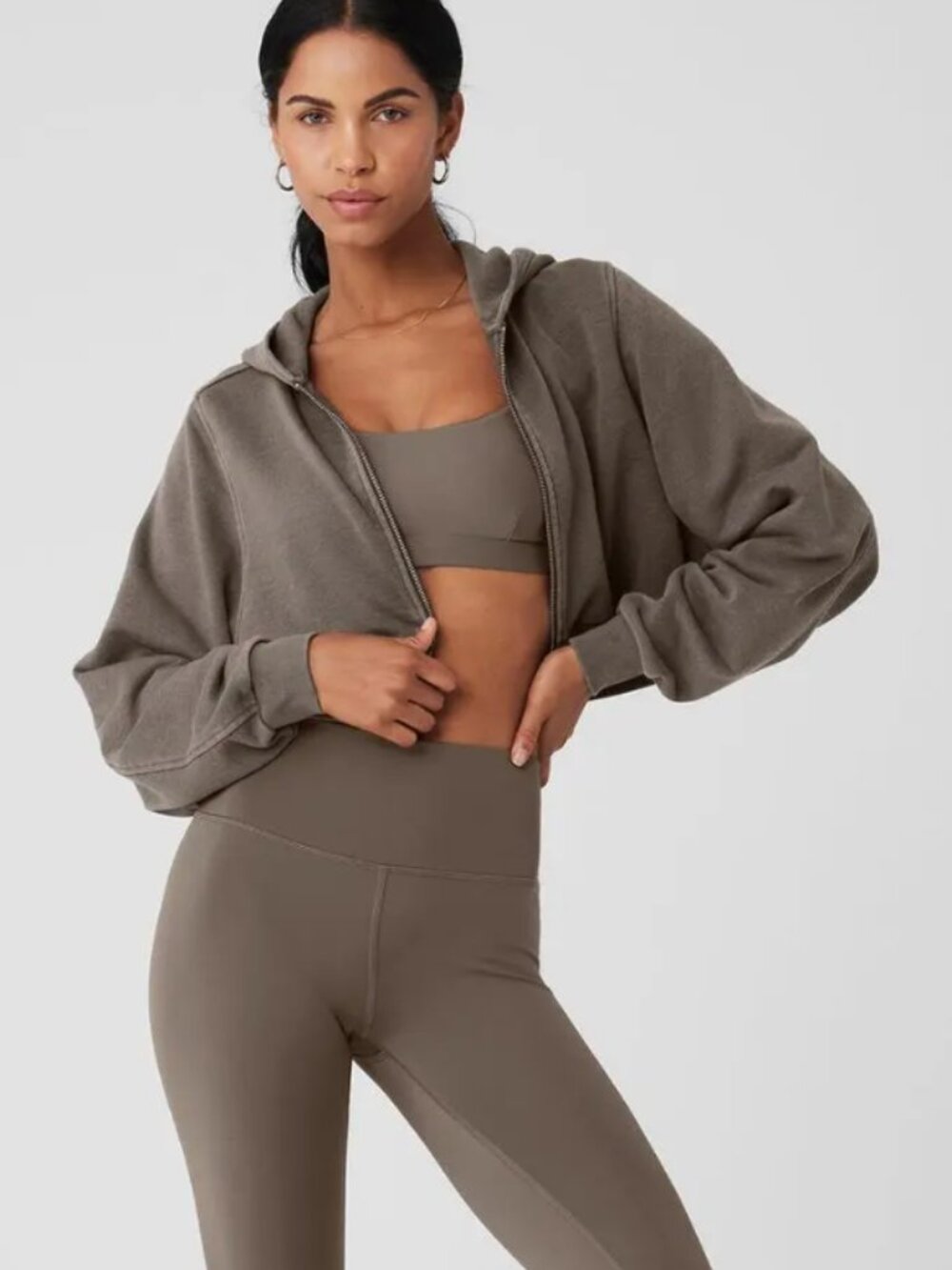 Alo Zip Up - Olive Washed Sweet Escape Cropped Hoodie - Size: Small